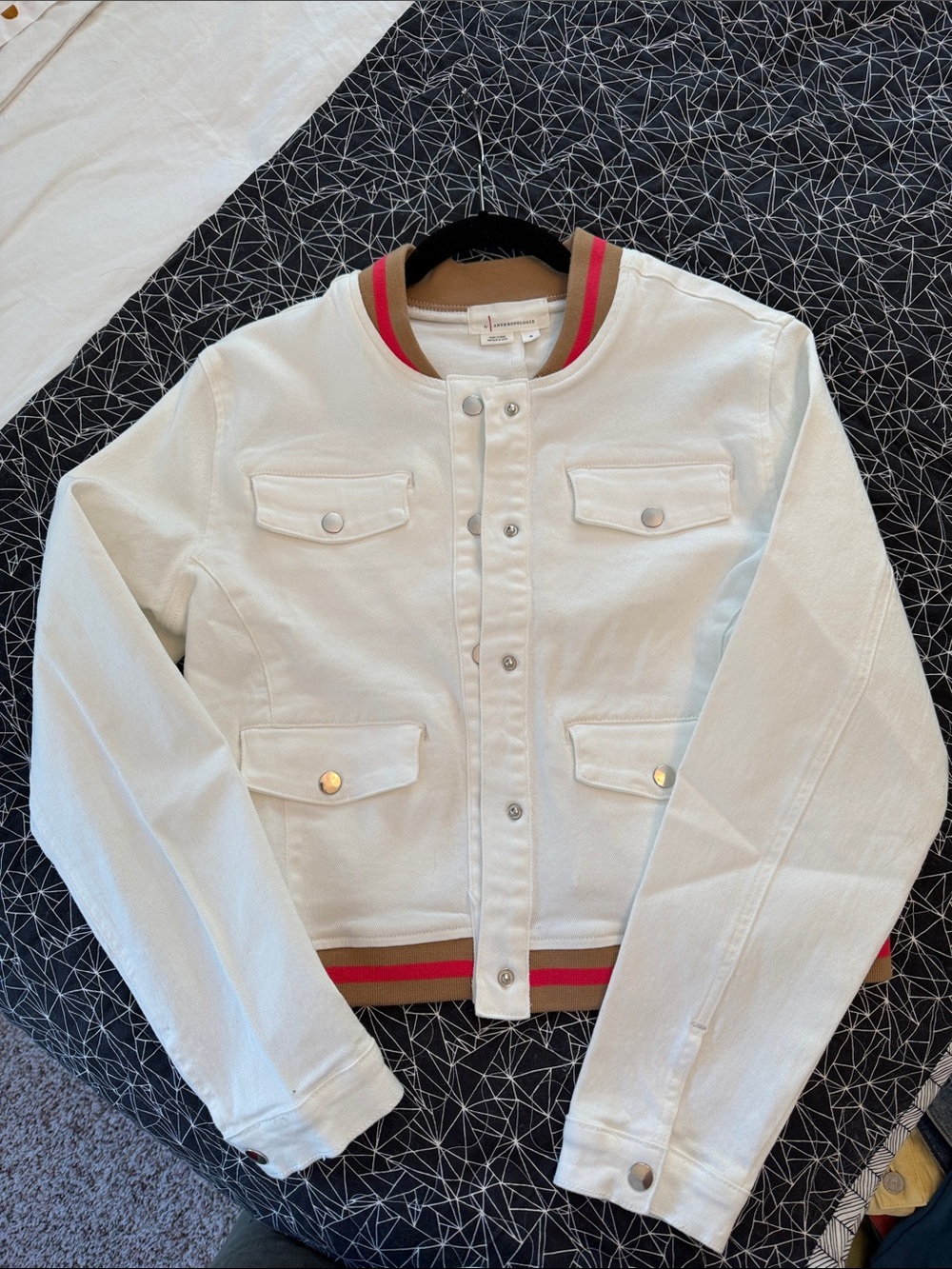 Anthropologie White Bomber Jacket with Red & Tan Stripe Trim